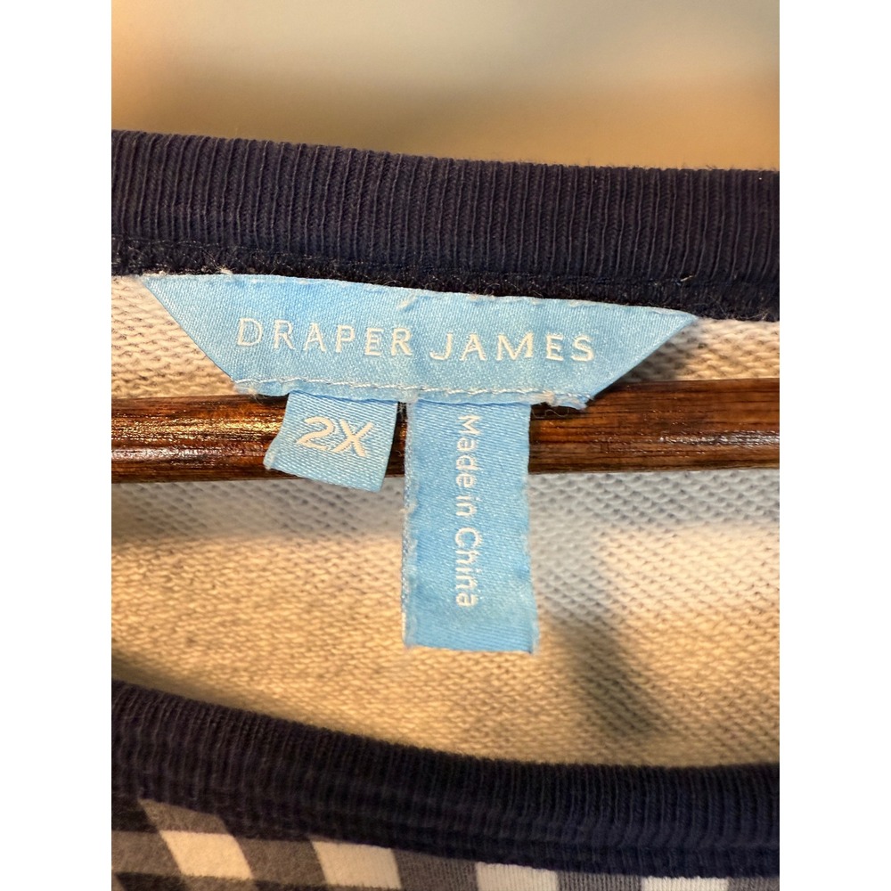 Draper James Natalie 2X Sweatshirt Navy Blue Coastal Nautical Gingham Terry Knit - Picture 2 of 5